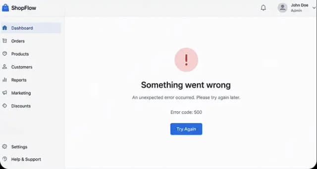 Dashboard error screenshot attached to a support ticket
